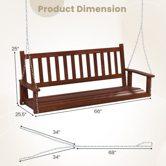 3-Person Wooden Outdoor Porch Swing with 800 lbs Weight Capacity-Brown