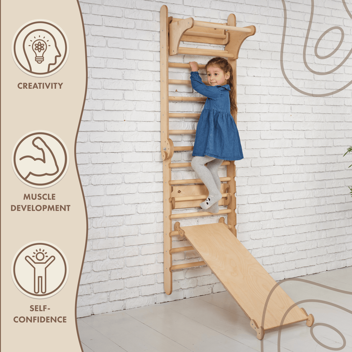 4in1 Climbing Set: Wooden Swedish Wall + Swing Set + Slide Board + Triangle Ladder