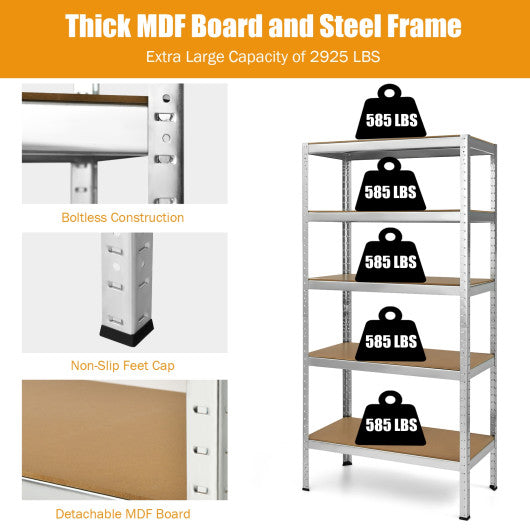 71 inch Heavy Duty Steel Adjustable 5 Level Storage Shelves-Silver