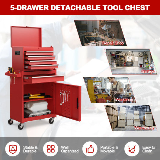 2-in-1 Tool Chest and Cabinet with 5 Sliding Drawers-Red