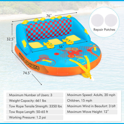 Towable Tube for Boating 3 Riders Water Sport Towables Sofa Pull Tube with Nylon Cover