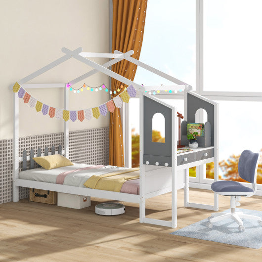 Twin/Full Bed Frame with House Roof Canopy and Fence for Kids-Twin Size