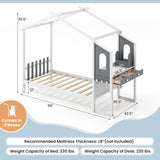 Twin/Full Bed Frame with House Roof Canopy and Fence for Kids-Twin Size