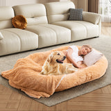 Washable Fluffy Human Dog Bed with Soft Blanket and Plump Pillow-Brown