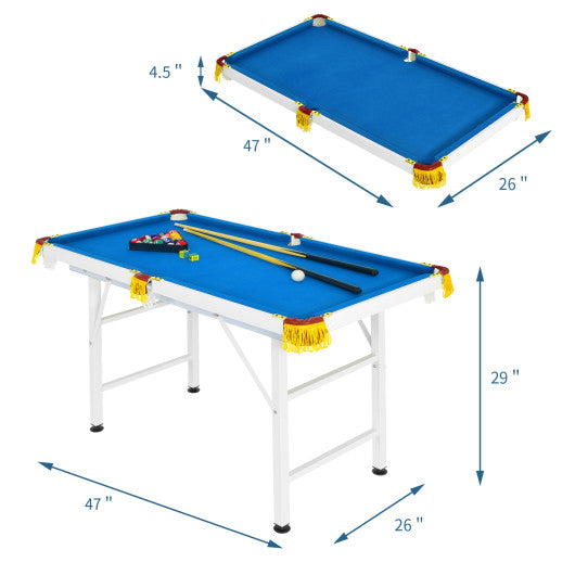 47 Inch Folding Billiard Table with Cues and Brush Chalk-Blue