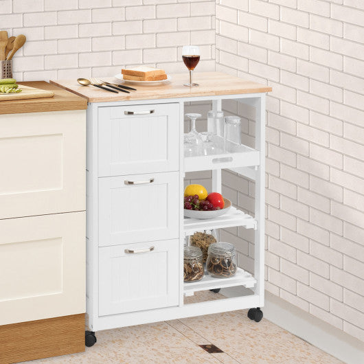 Rolling Kitchen Island Utility Storage Cart with 3 Large Drawers-White