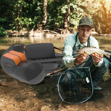 Inflatable Fishing Float Tube with Pump Storage Pockets and Fish Ruler-Gray