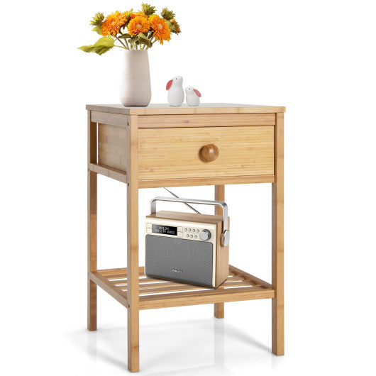 Bamboo Nightstand with Drawer and Open Shelf-Natural