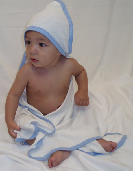 Hooded Towel with Blue Binding and Screen Prints