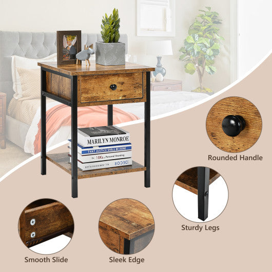 Industrial End Side Table Nightstand with Drawer Shelf-Rustic Brown