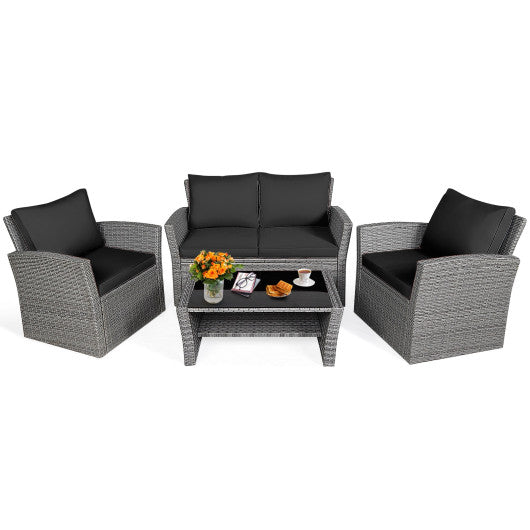 4 Pieces Patio Rattan Furniture Set Sofa Table with Storage Shelf Cushion-Black