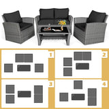 4 Pieces Patio Rattan Furniture Set Sofa Table with Storage Shelf Cushion-Black