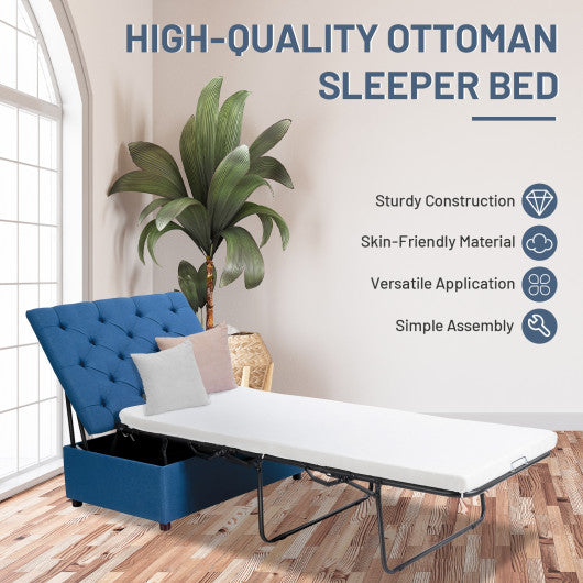 Folding Ottoman Sleeper Bed with Mattress for Guest Bed and Office Nap-Blue