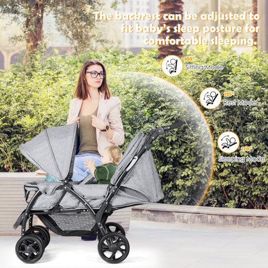 Foldable Lightweight Front Back Seats Double Baby Stroller-Gray