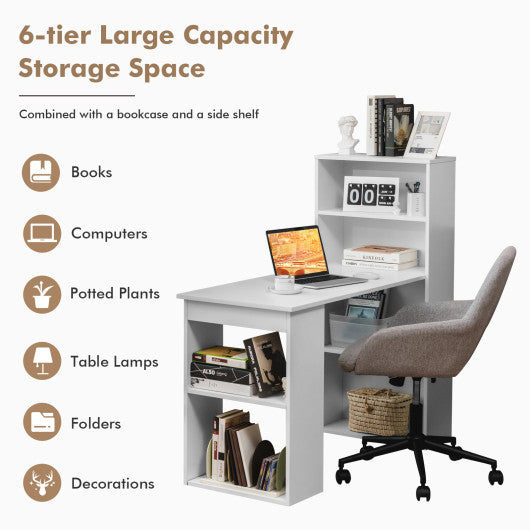 Computer Desk Writing Workstation Office with 6-Tier Storage Shelves-White