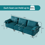 Large 3-Seat Sofa Sectional with Metal Legs and 2 USB Ports for 3-4 people-Turquoise