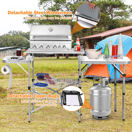 Goplus Folding Grill Table, Aluminum Camping Table with 26'' Main Tabletop,  Hooks and Carry Bag, Portable Picnic Table Grill Stand for Outdoor