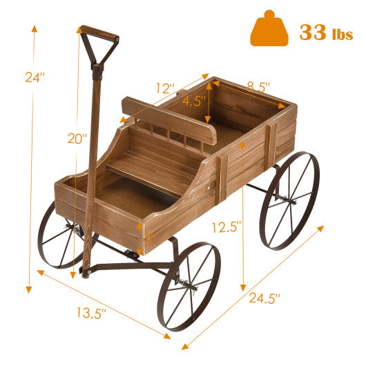 Wooden Wagon Plant Bed With Wheel for Garden Yard-Brown