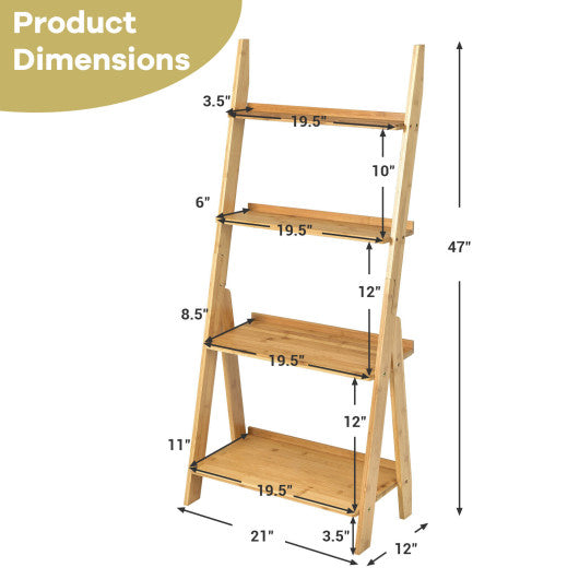 4-Tier Bamboo Ladder Shelf Bookcase for Study Room-Natural