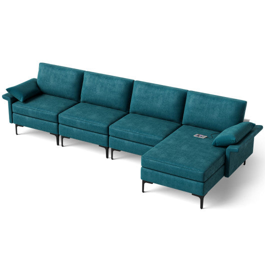 Extra Large L-shaped Sectional Sofa with Reversible Chaise and 2 USB Ports for 4-5 People-Peacock Blue