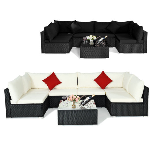 7 Pieces Sectional Wicker Furniture Sofa Set with Tempered Glass Top-Black & White