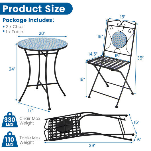 3 Pieces Patio Bistro Set Outdoor Furniture Mosaic Table Chairs