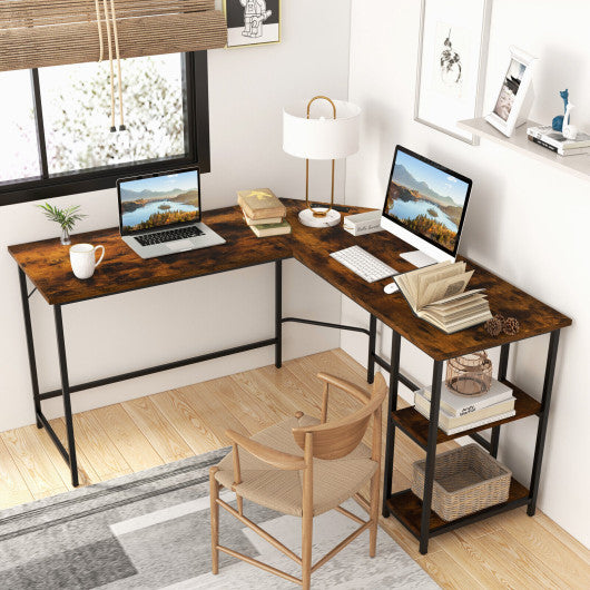 L Shaped Computer Desk with 2 Outlets and 2 USB Ports-Brown