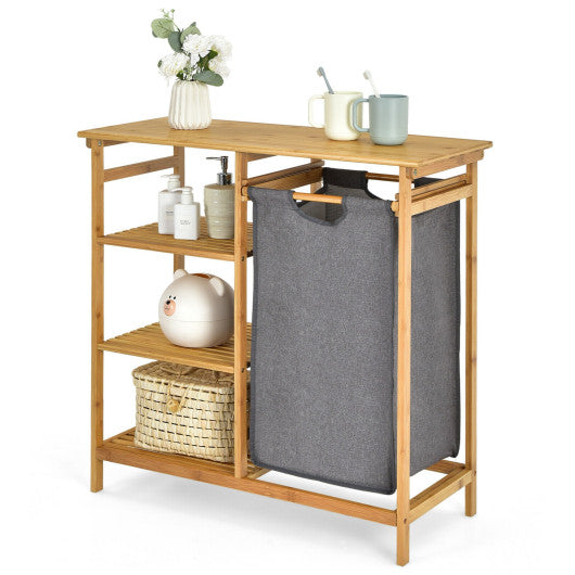 Bamboo Laundry Hamper Stand with Removable Sliding Bag and 3-Tier Open Shelves