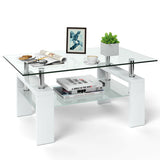 Rectangular Tempered Glass Coffee Table End Side Table with Shelf-White