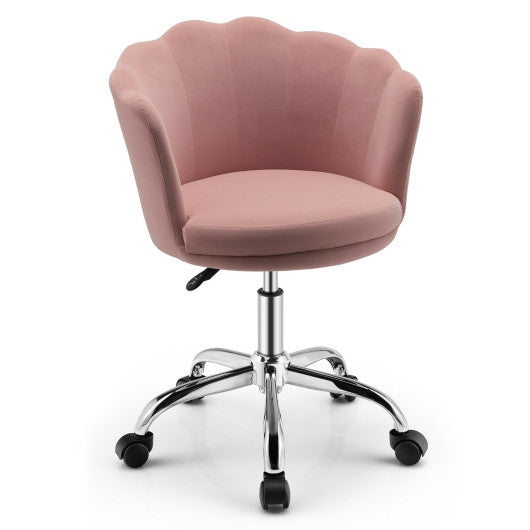 Upholstered Velvet Kids Desk Chair with Wheels and Seashell Back-Pink