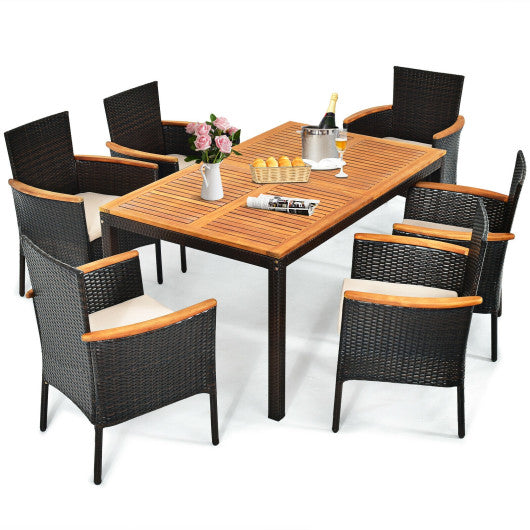 7 Pieces Patio Rattan Dining Set with Armrest Cushioned Chair and Umbrella Hole