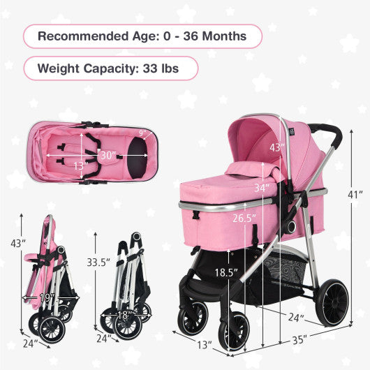 2-in-1 Convertible Baby Stroller with Reversible Seat-Pink