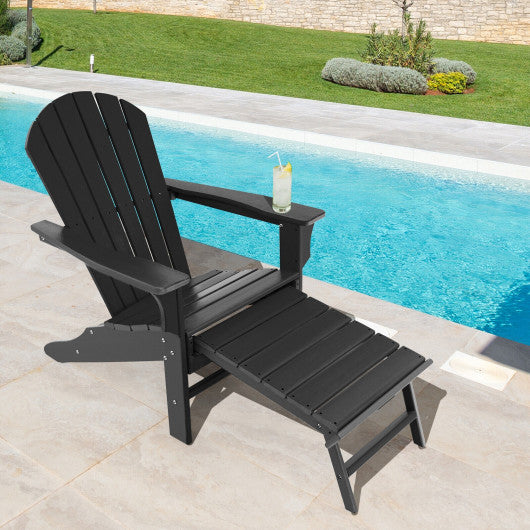 Patio HDPE Adirondack Chair with Retractable Ottoman-Black