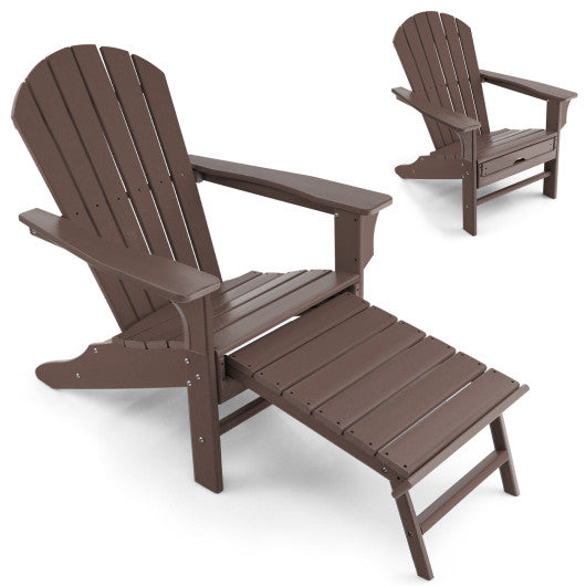 Patio HDPE Adirondack Chair with Retractable Ottoman-Brown