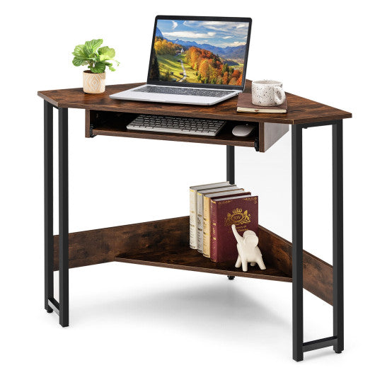 Triangle Corner Computer Desk with Keyboard Tray - Rustic Brown