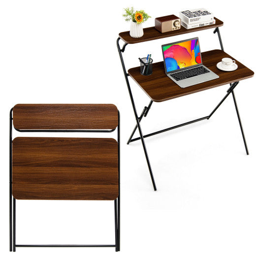 2-Tier Folding Computer Desk Laptop Table No Assembly Required for Home Office-Brown