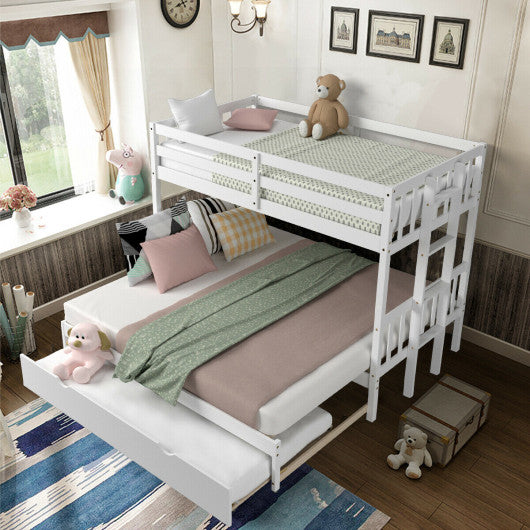 Twin Pull-Out Bunk Bed with Trundle Wooden Ladder-White