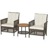 3 Pieces Patio Rattan Furniture Set with Cushioned Sofas and Wood Table Top-White