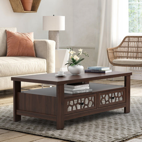 3-tier Coffee Table with 2 Drawers and 5 Support Legs-Brown