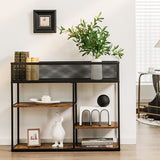 4-Tier Industrial Console Table with Wire Basket and shelf-Rustic Brown