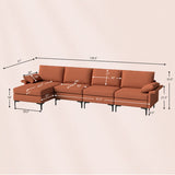 Extra Large L-shaped Sectional Sofa with Reversible Chaise and 2 USB Ports for 4-5 People-Rust Red