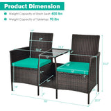 Patio Rattan Wicker Conversation Set Sofa Cushioned Loveseat Glass Table-Turquoise