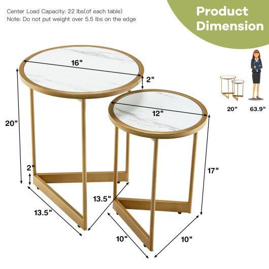 Round Nesting Table Set of 2 with Marble-like Tabletop-White