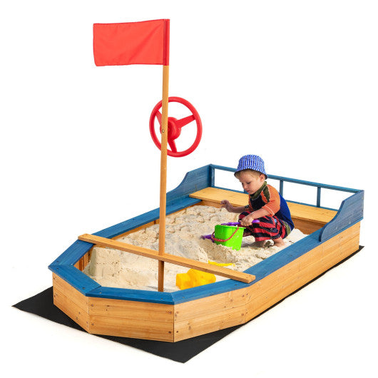 Kids' Pirate Boat Sandbox with Flag and Rudder