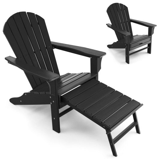 Patio HDPE Adirondack Chair with Retractable Ottoman-Black