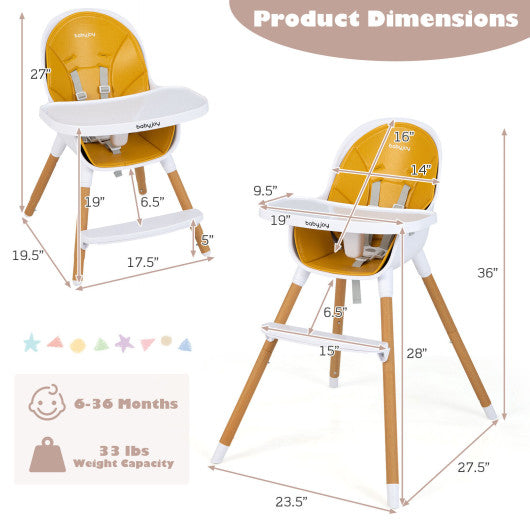 4-in-1 Convertible Baby High Chair Infant Feeding Chair with Adjustable Tray-Yellow