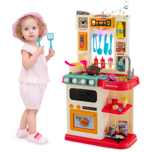 64 Pieces Realistic Kitchen Playset for Boys and Girls with Sound and Lights-Pink