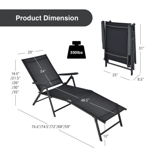 2 Pieces Foldable Chaise Lounge Chair with 2-Position Footrest-Black
