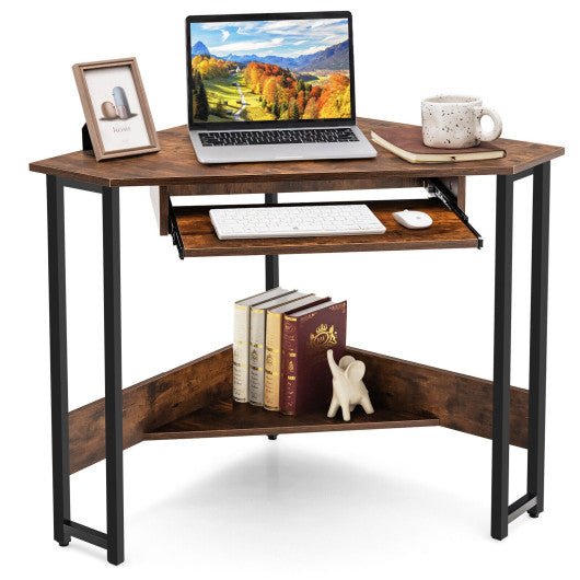 Triangle Corner Computer Desk with Keyboard Tray-Rustic Brown