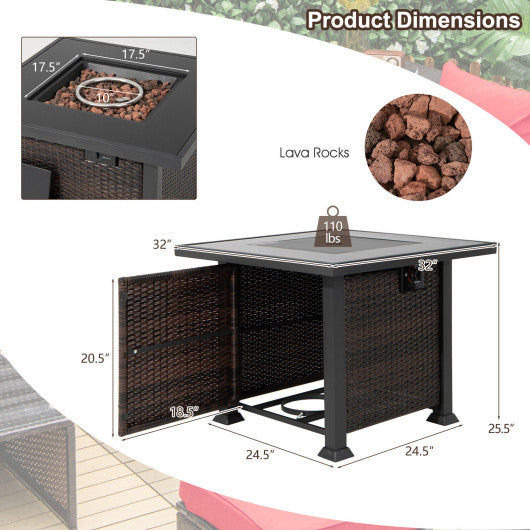 32 Inch Square Propane Fire Pit Table with Lava Rocks Cover-Brown